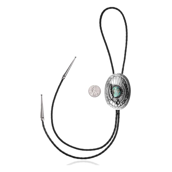 Feather .925 Sterling Silver Certified Authentic Handmade Navajo Native American Natural Turquoise Bolo Tie 34208