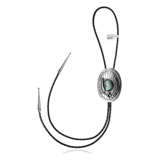 Feather .925 Sterling Silver Certified Authentic Handmade Navajo Native American Natural Turquoise Bolo Tie 34208