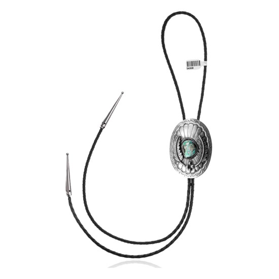 Feather .925 Sterling Silver Certified Authentic Handmade Navajo Native American Natural Turquoise Bolo Tie 34208