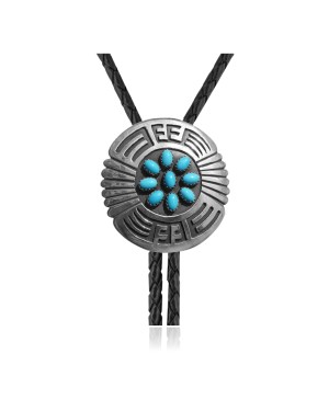 Maze .925 Sterling Silver Certified Authentic Handmade Navajo Native American Natural Turquoise Bolo Tie 34210