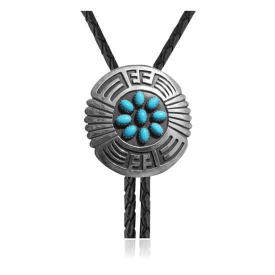 Maze .925 Sterling Silver Certified Authentic Handmade Navajo Native American Natural Turquoise Bolo Tie 34210