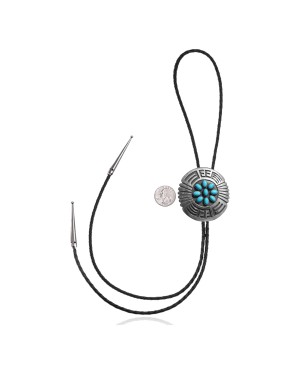 Maze .925 Sterling Silver Certified Authentic Handmade Navajo Native American Natural Turquoise Bolo Tie 34210