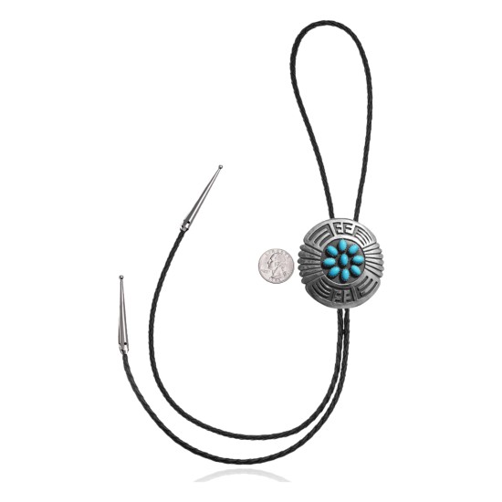Maze .925 Sterling Silver Certified Authentic Handmade Navajo Native American Natural Turquoise Bolo Tie 34210