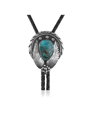 Feather .925 Sterling Silver Handmade Navajo Native American Natural Turquoise Bolo Tie 34211