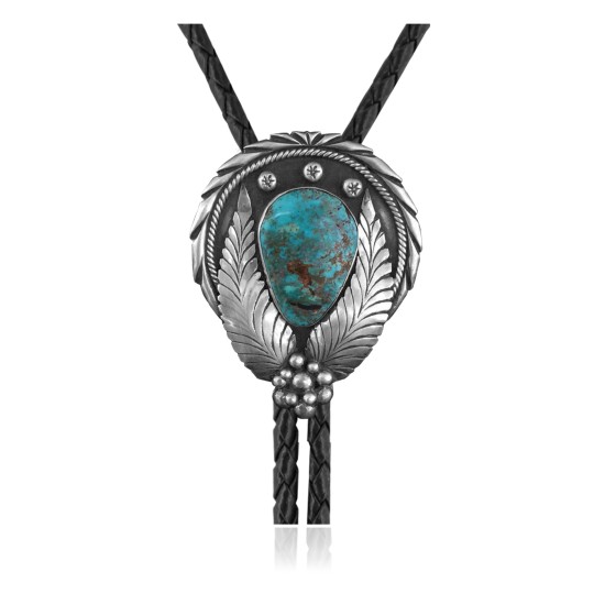 Feather .925 Sterling Silver Certified Authentic Handmade Navajo Native American Natural Turquoise Bolo Tie 34211