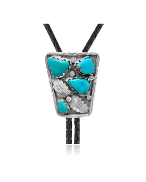 Feather .925 Sterling Silver Certified Authentic Handmade Navajo Native American Natural Turquoise Bolo Tie 34214