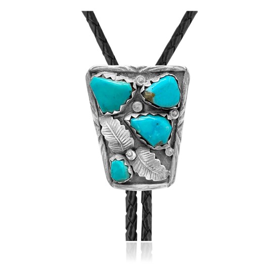 Feather .925 Sterling Silver Certified Authentic Handmade Navajo Native American Natural Turquoise Bolo Tie 34214