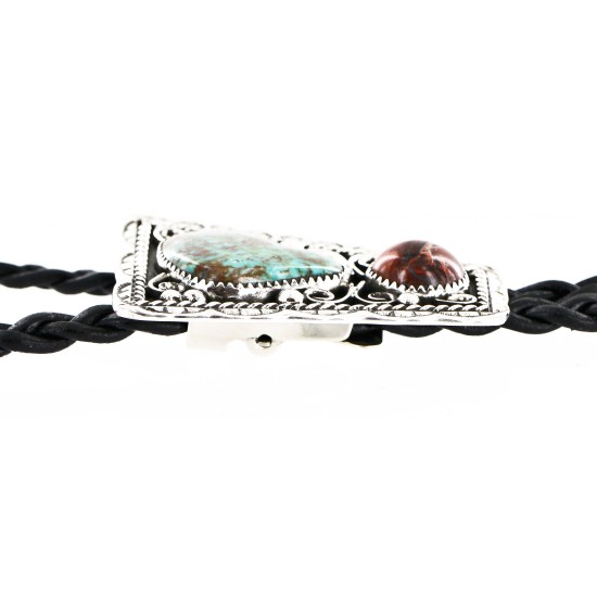 Handmade Certified Authentic Navajo .925 Sterling Silver Natural Turquoise Jasper Native American Bolo Tie  24390-2