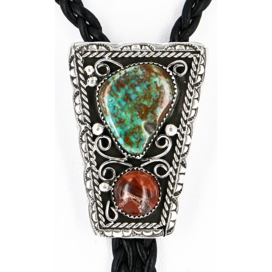Handmade Certified Authentic Navajo .925 Sterling Silver Natural Turquoise Jasper Native American Bolo Tie  24390-2