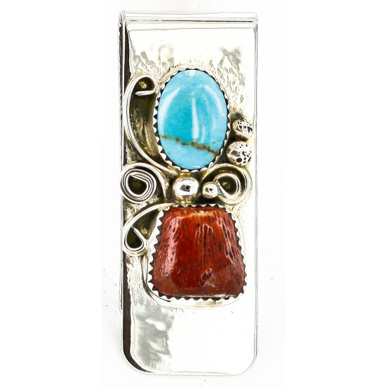 Handmade Certified Authentic Navajo Nickel and .925 Sterling Silver Natural Turquoise Coral Native American Money Clip 10525-5