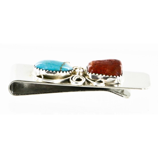 Handmade Certified Authentic Navajo Nickel and .925 Sterling Silver Natural Turquoise Coral Native American Money Clip 10525-5