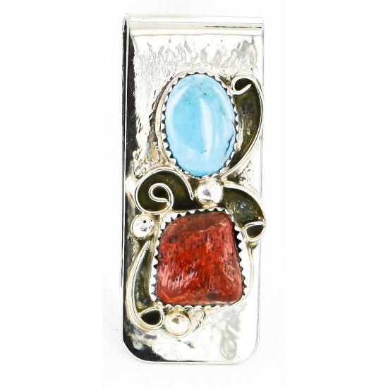 Handmade Certified Authentic Navajo Nickel and .925 Sterling Silver Natural Turquoise Coral Native American Money Clip 10525-6