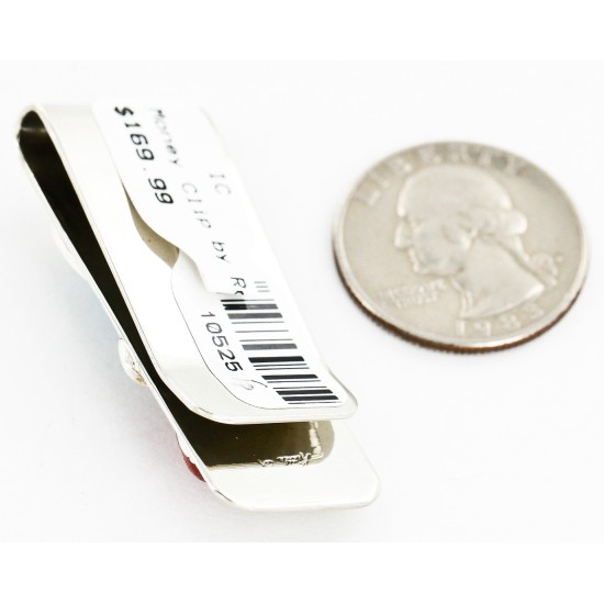 Handmade Certified Authentic Navajo Nickel and .925 Sterling Silver Natural Turquoise Coral Native American Money Clip 10525-6