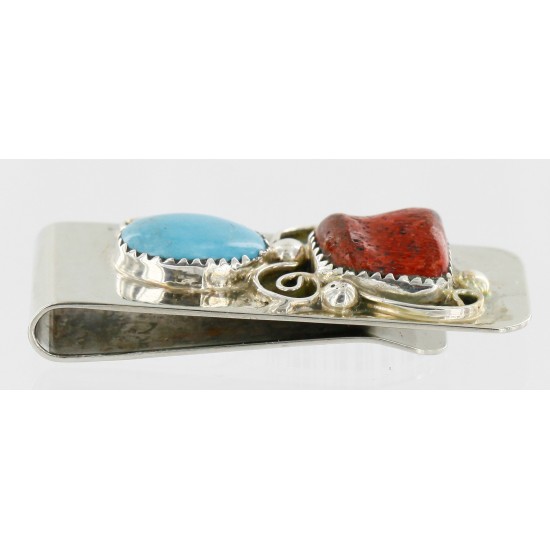 Handmade Certified Authentic Navajo Nickel and .925 Sterling Silver Natural Turquoise Coral Native American Money Clip 10525-6