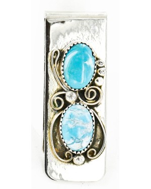 Handmade Certified Authentic Navajo Nickel and .925 Sterling Silver Natural Turquoise Native American Money Clip 10525-1