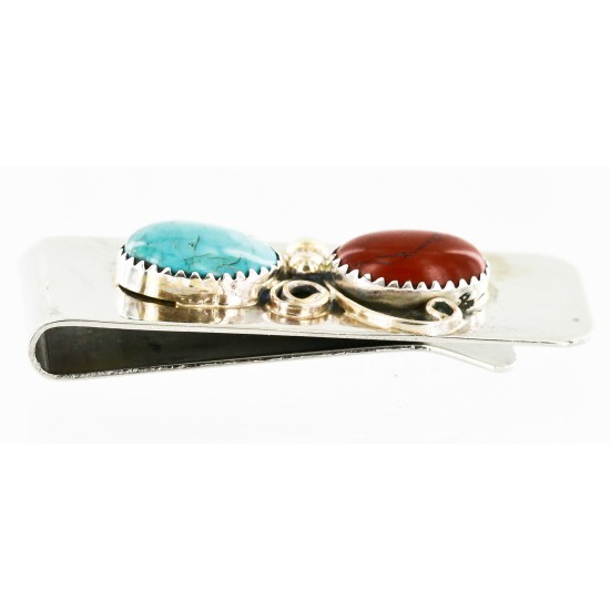Handmade Certified Authentic Navajo Nickel and .925 Sterling Silver Natural Turquoise Red Jasper Native American Money Clip 10525-9