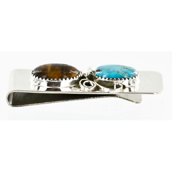 Handmade Certified Authentic Navajo Nickel and .925 Sterling Silver Natural Turquoise Tigers Eye Native American Money Clip 10525-3
