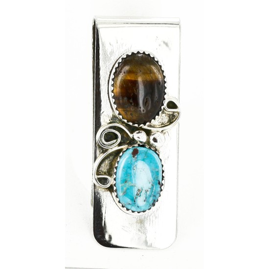 Handmade Certified Authentic Navajo Nickel and .925 Sterling Silver Natural Turquoise Tigers Eye Native American Money Clip 10525-3