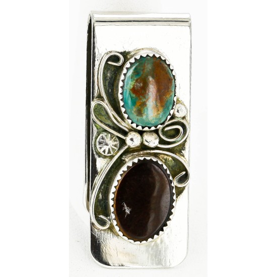 Handmade Certified Authentic Navajo Nickel and .925 Sterling Silver Natural Turquoise Tigers Eye Native American Money Clip 10525-7