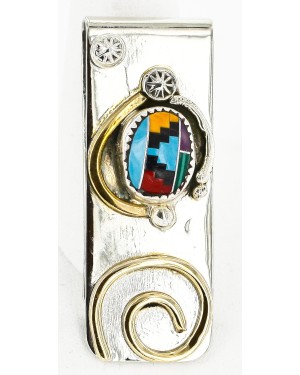 Handmade Certified Authentic Navajo Nickel and Brass Inlaid Natural Multicolor Stones Native American Money Clip 10525-10