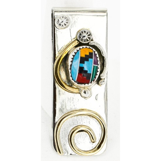 Handmade Certified Authentic Navajo Nickel and Brass Inlaid Natural Multicolor Stones Native American Money Clip 10525-10