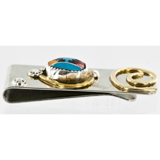 Handmade Certified Authentic Navajo Nickel and Brass Inlaid Natural Multicolor Stones Native American Money Clip 10525-10