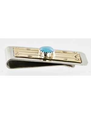 Handmade Certified Authentic Navajo Nickel and Brass Natural Turquoise Native American Money Clip 10523-3