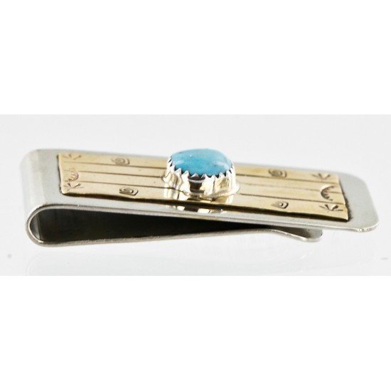Handmade Certified Authentic Navajo Nickel and Brass Natural Turquoise Native American Money Clip 10523-3