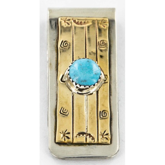 Handmade Certified Authentic Navajo Nickel and Brass Natural Turquoise Native American Money Clip 10523-3