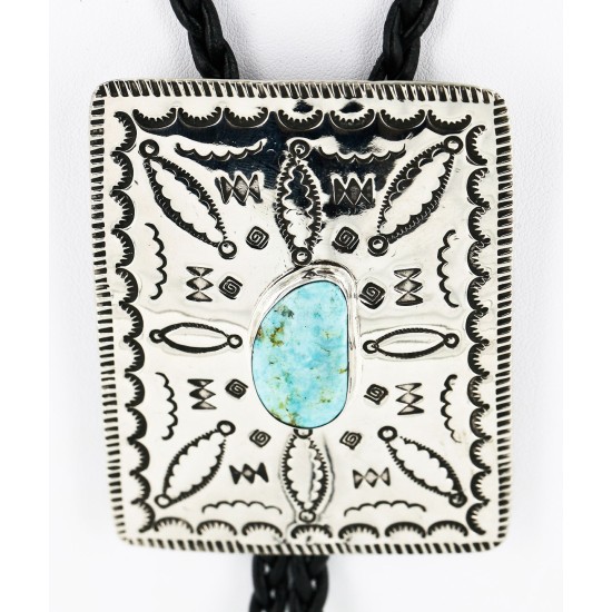 Handmade Certified Authentic Navajo Nickel Natural Turquoise Native American Bolo Tie  24389-2