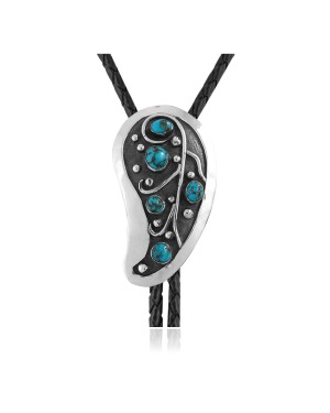 Handmade Certified Authentic Navajo .925 Sterling Silver Native American Natural Turquoise Bolo Tie 34216
