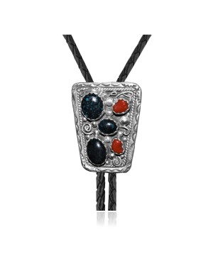 Wave .925 Sterling Silver Certified Authentic Handmade Navajo Native American Natural Turquoise Coral Bolo Tie 34217