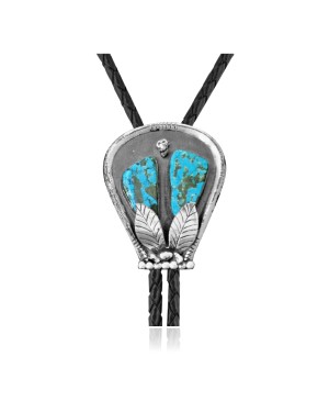Feather .925 Sterling Silver Certified Authentic Handmade Navajo Native American Natural Turquoise Bolo Tie 34222