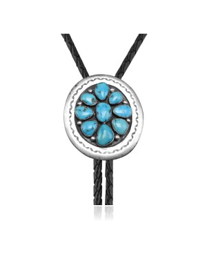 Wave .925 Sterling Silver Certified Authentic Handmade Navajo Native American Natural Turquoise Bolo Tie 34223