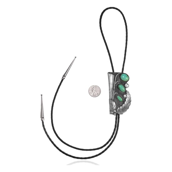 Feather .925 Sterling Silver Certified Authentic Handmade Navajo Native American Natural Turquoise Bolo Tie 34226