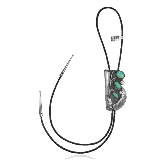 Feather .925 Sterling Silver Certified Authentic Handmade Navajo Native American Natural Turquoise Bolo Tie 34226