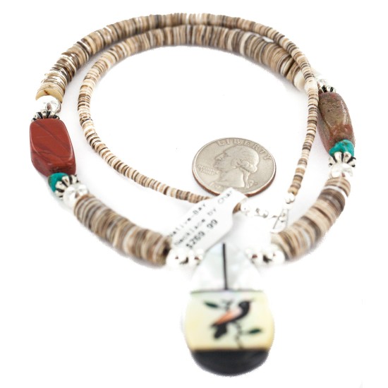 Bird Certified Authentic Navajo .925 Sterling Silver Inlay Natural Turquoise Mother of Pearl Red Jasper Black Onyx Native American Necklace 750238-10