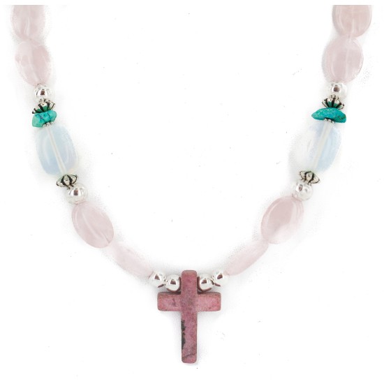 Cross .925 Sterling Silver Certified Authentic Navajo Natural Turquoise Opalite Pink Quartz Charoite Native American Necklace 750237-10 Cross .925 Sterling Silver Certified Authentic Navajo Natural Turquoise Opalite Pink Quartz Charoite Native American Necklace 750237-10