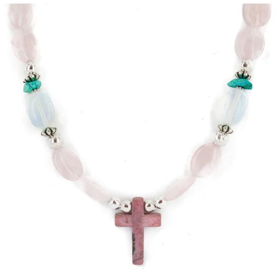 Cross .925 Sterling Silver Navajo Natural Turquoise Opalite Pink Quartz Charoite Native American Necklace 750237-10 Cross .925 Sterling Silver Navajo Natural Turquoise Opalite Pink Quartz Charoite Native American Necklace 750237-10