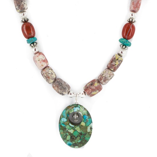 .925 Sterling Silver Certified Authentic Navajo Natural Turquoise Jasper Charoite Native American Necklace 750237-7