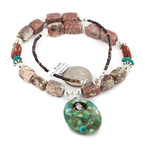 .925 Sterling Silver Certified Authentic Navajo Natural Turquoise Jasper Charoite Native American Necklace 750237-7
