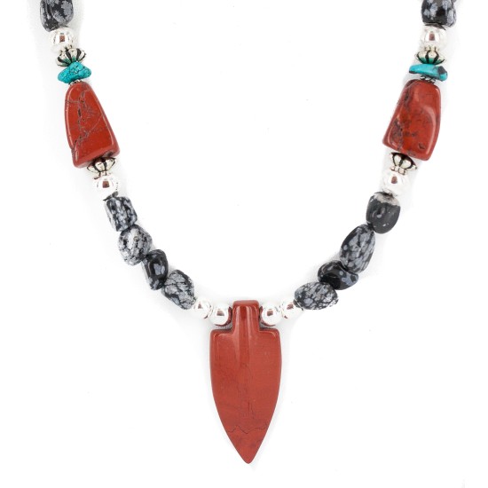 Cross .925 Sterling Silver Certified Authentic Navajo Natural Turquoise Red Jasper Snowflake Obsidian Native American Necklace 750238-9