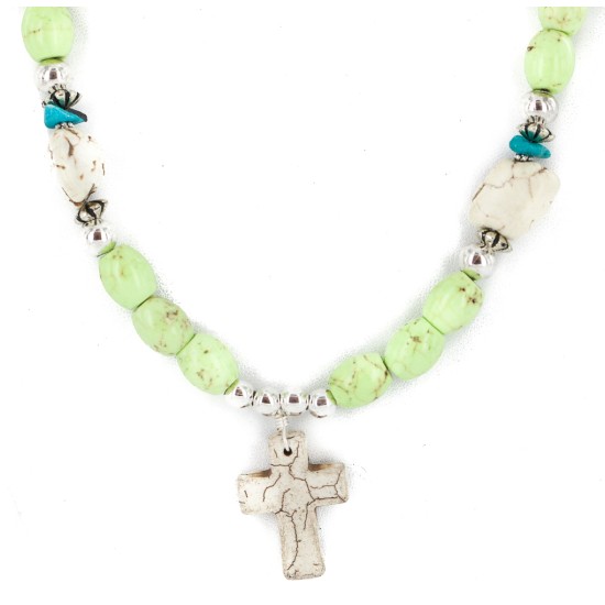 Cross .925 Sterling Silver Certified Authentic Navajo White Howlite Gaspeite Native American Necklace 750237-9