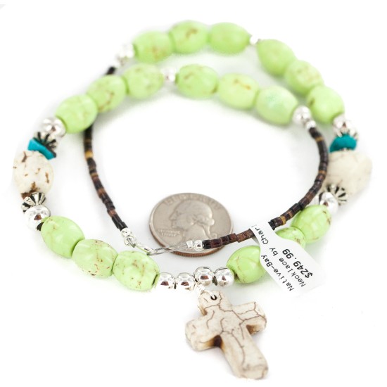 Cross .925 Sterling Silver Certified Authentic Navajo White Howlite Gaspeite Native American Necklace 750237-9