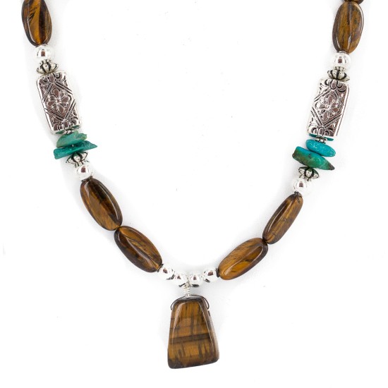 .925 Sterling Silver Certified Authentic Navajo Natural Turquoise Tigers Eye Native American Necklace 750237-6