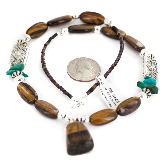 .925 Sterling Silver Certified Authentic Navajo Natural Turquoise Tigers Eye Native American Necklace 750237-6