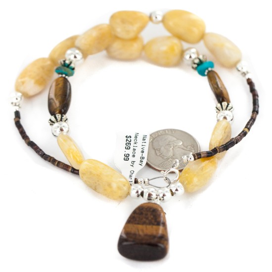 .925 Sterling Silver Certified Authentic Navajo Natural Turquoise Tigers Eye Agate Native American Necklace 750238-1