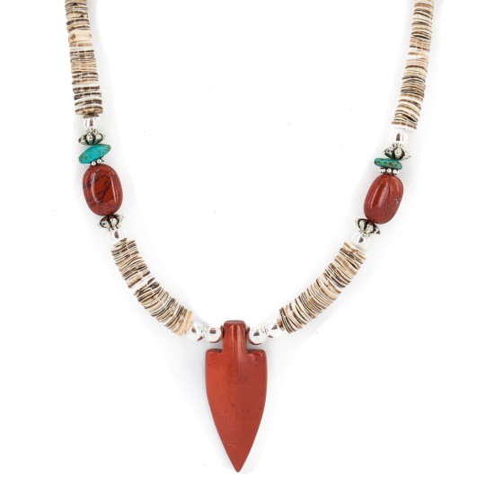 .925 Sterling Silver Arrow Certified Authentic Navajo Natural Turquoise Red Jasper Graduated Melon Shell Native American Necklace 750237-5 .925 Sterling Silver Arrow Certified Authentic Navajo Natural Turquoise Red Jasper Graduated Melon Shell Native American Necklace 750237-5