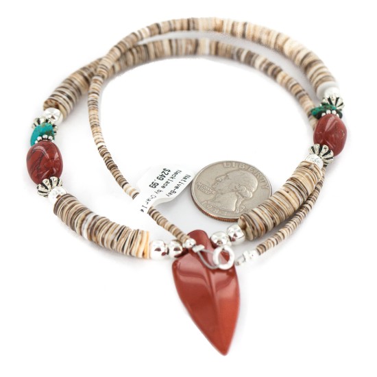 .925 Sterling Silver Arrow Certified Authentic Navajo Natural Turquoise Red Jasper Graduated Melon Shell Native American Necklace 750237-5 .925 Sterling Silver Arrow Certified Authentic Navajo Natural Turquoise Red Jasper Graduated Melon Shell Native American Necklace 750237-5
