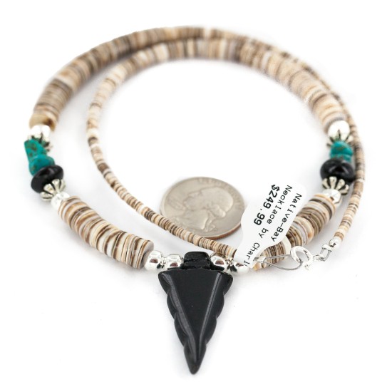 .925 Sterling Silver Arrow Certified Authentic Navajo Natural Turquoise Black Onyx Graduated Melon Shell Native American Necklace 750237-4